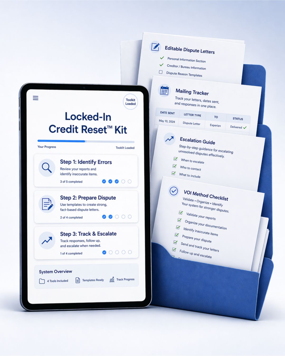 Locked-In Credit Reset Kit - Digital toolkit showing tablet interface and document templates